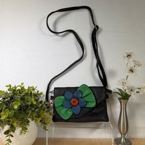 SAX Black Crossbody Bag with Blue Flower Accent, Button Detail, Adjustable Strap